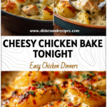 Golden cheesy chicken and potato bake with chunks of chicken and creamy sauce served in a casserole dish.